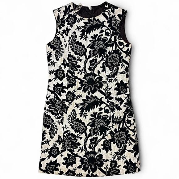 Vtg Joseph Magnin Tapestry Sleeveless Sheath Dress Medium White Black Floral 60s - Picture 10 of 14